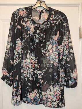 Bellatrix Floral Tie Neck Chiffon Blouse Size M Sheer Black Pink Blue